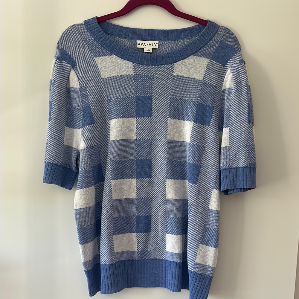 Ava & Viv Blue and White Plaid Knit Top